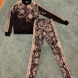 Adidas Black and White Floral Print track suit